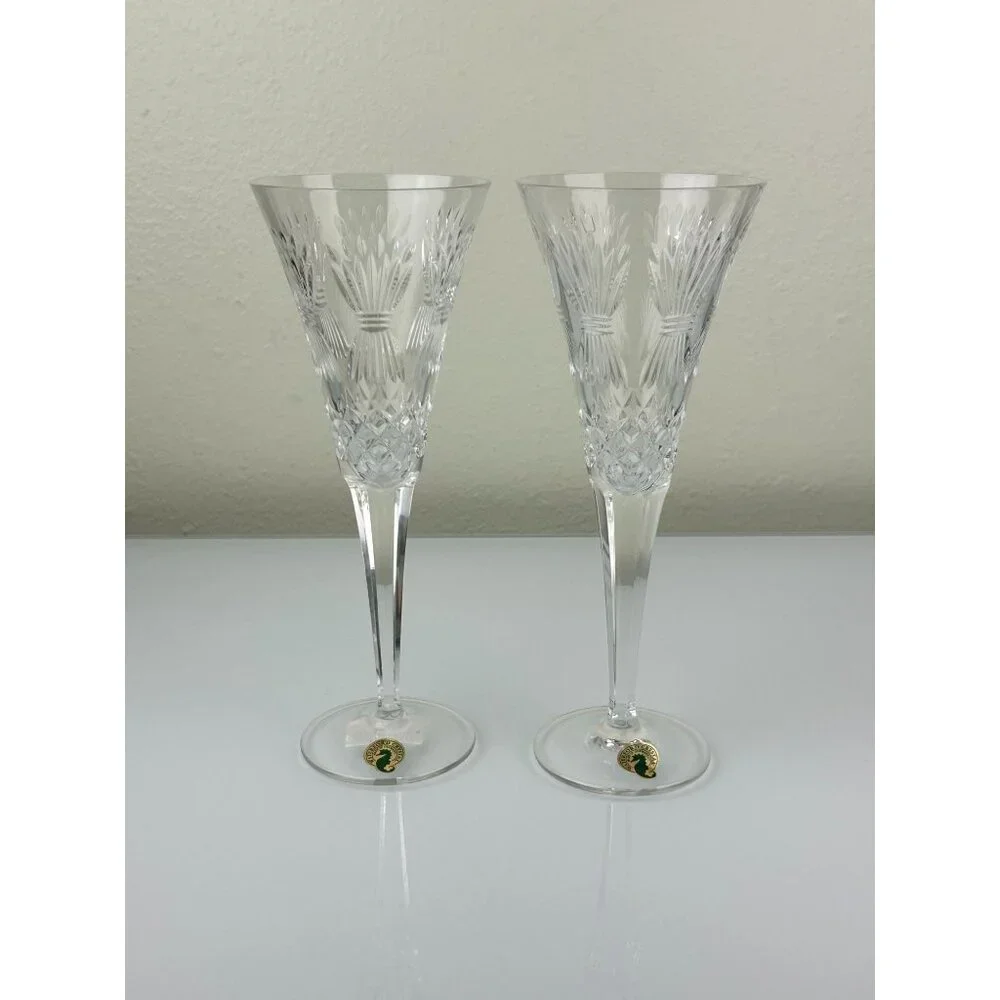 2 Waterford Crystal Millennium Wheat PROSPERITY Toasting Champagne Flutes 9.25" - Picture 16 of 16